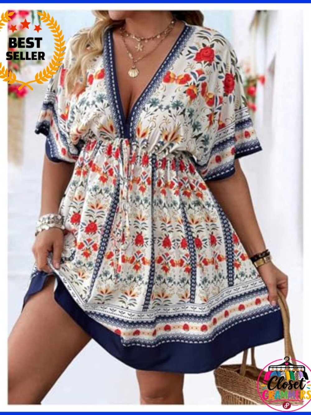 Plus Size V Neck Short Sleeve Ruffle Hem A Line Short Dress Casual Summer - Picture 2 of 5